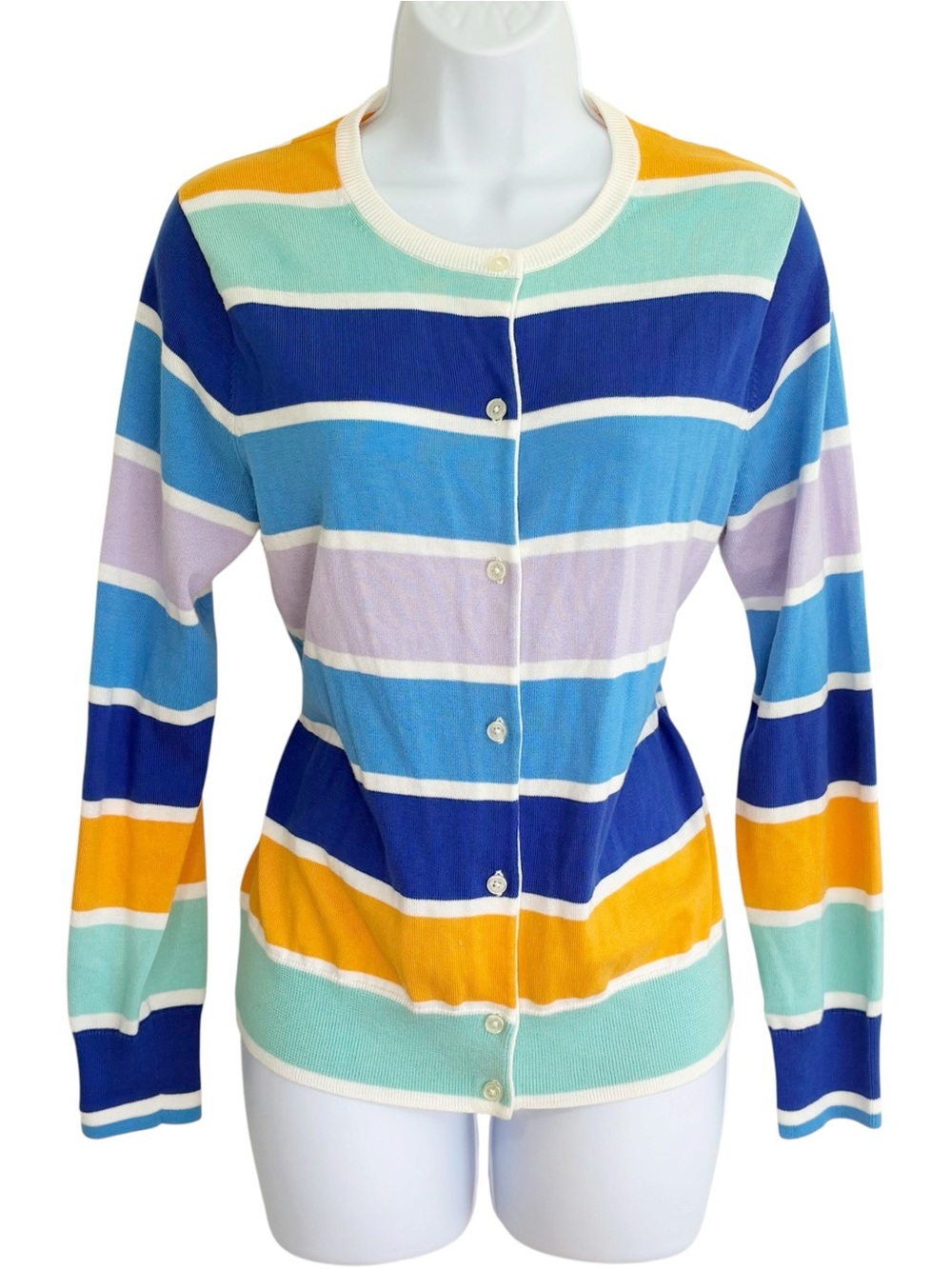LAND’S END Supima Cotton Rainbow Stripe Cardigan Preppy Sweater S